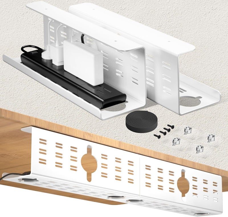Cinati 2 Pack Cable Management Under Desk White, 32" Large Cable Management Tray, Under Desk Alloy Steel Wire Organizers, Cord Hider Tray for Office and Home - Tape or Screw Installation - Image 1
